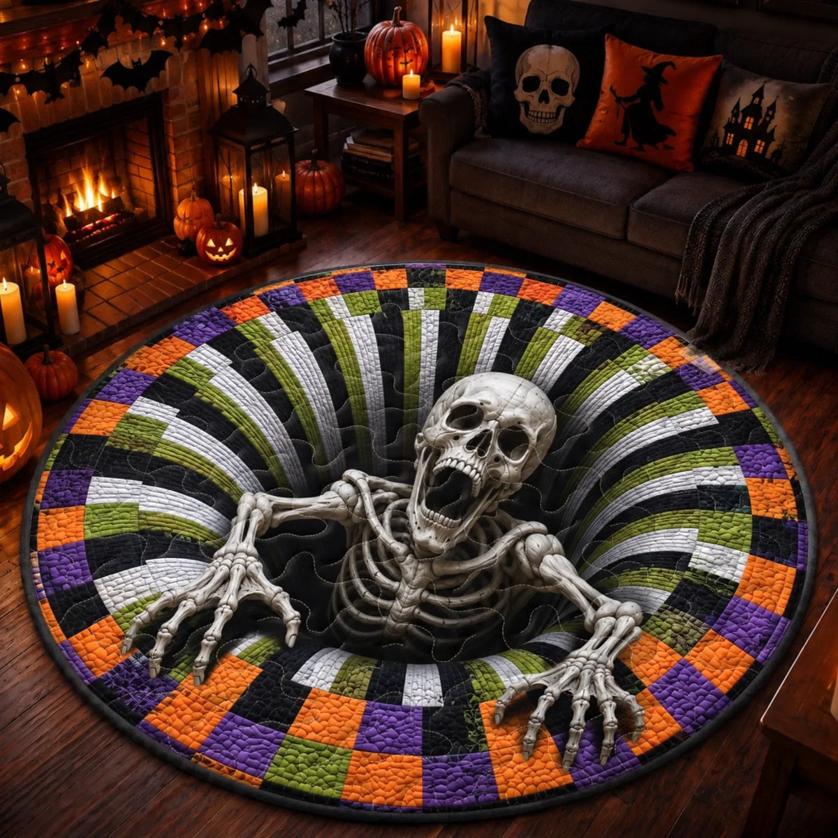 Custom 3D Skeleton Vortex Mat, Personalized Spooky Halloween Decor, Spooky Season