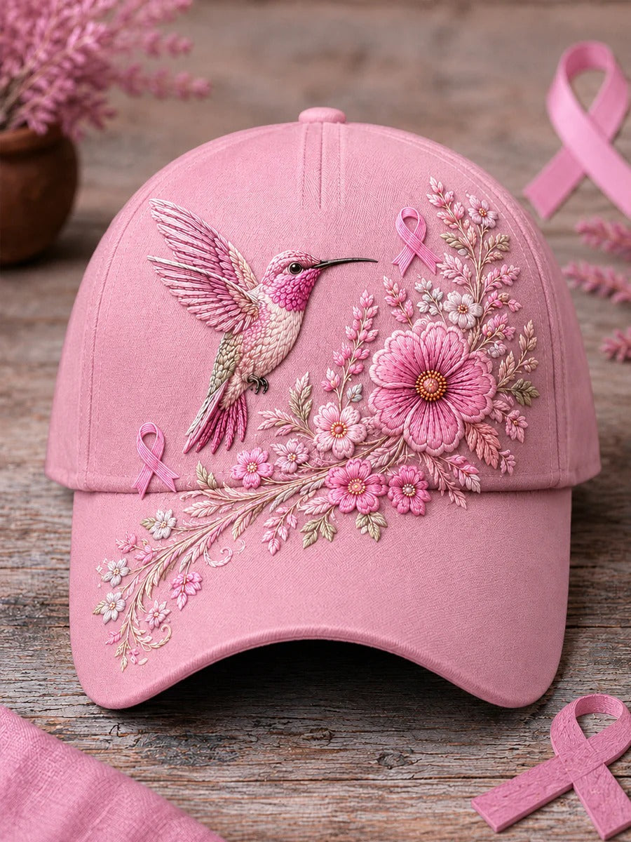 Pink Floral Hummingbird Breast Cancer Awareness Support Hat, Breast Cancer Support Gift