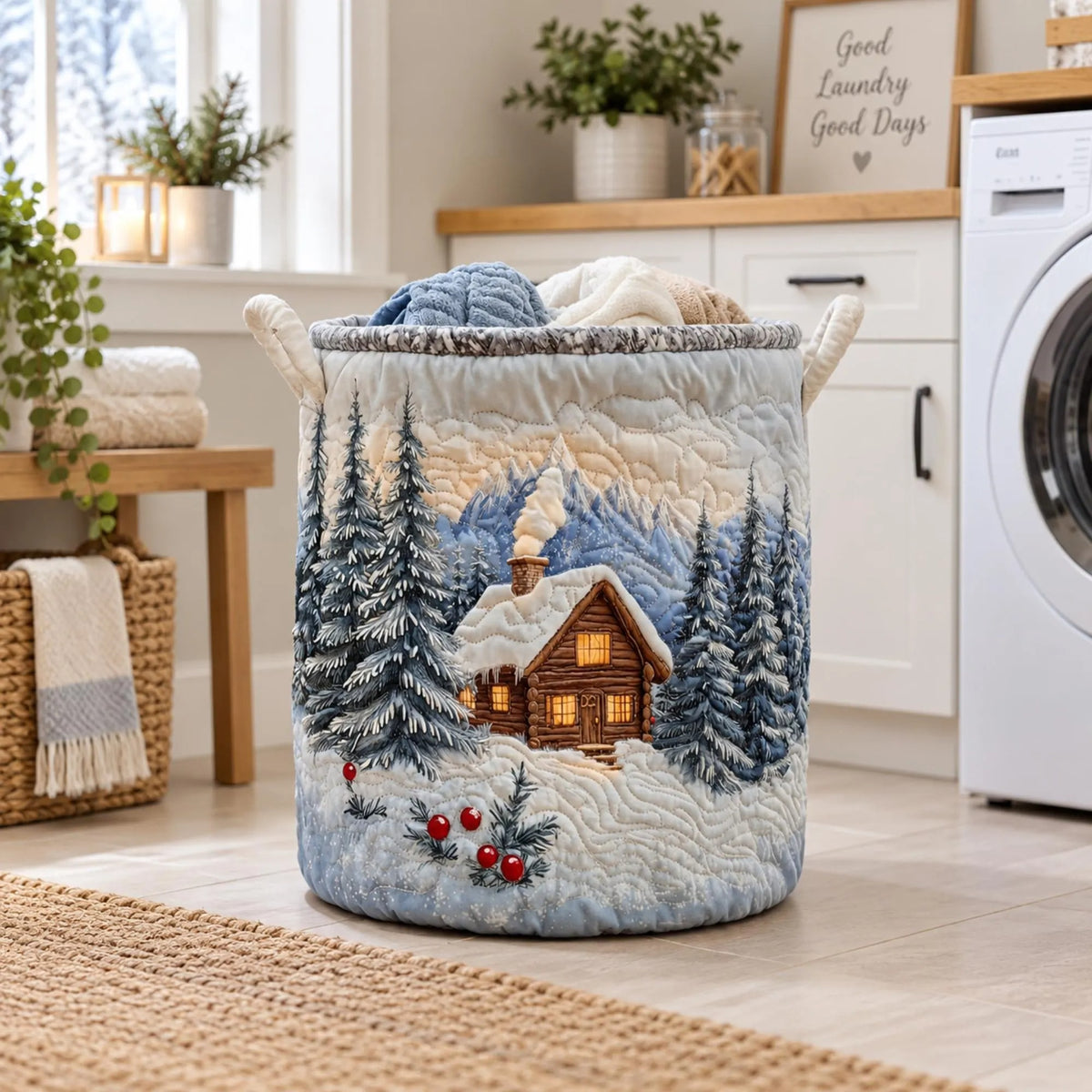 Snowy Cabin Pine Trees Laundry Basket, Laundry Hamper, Christmas Gift For Mom