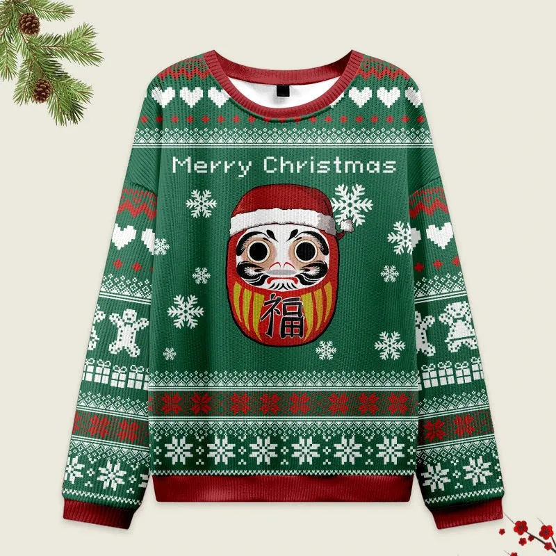Japanese Daruma Green Funny Ugly Sweater, Ugly Xmas Sweater, Christmas Ugly Sweatshirt