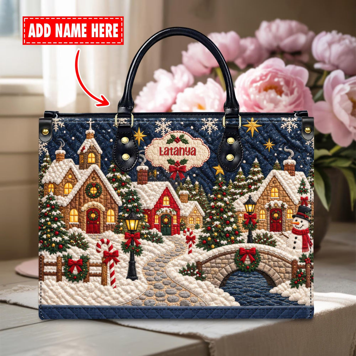 Personalized Christmas Village Leather Handbag, Christmas Purse, Gift For Women