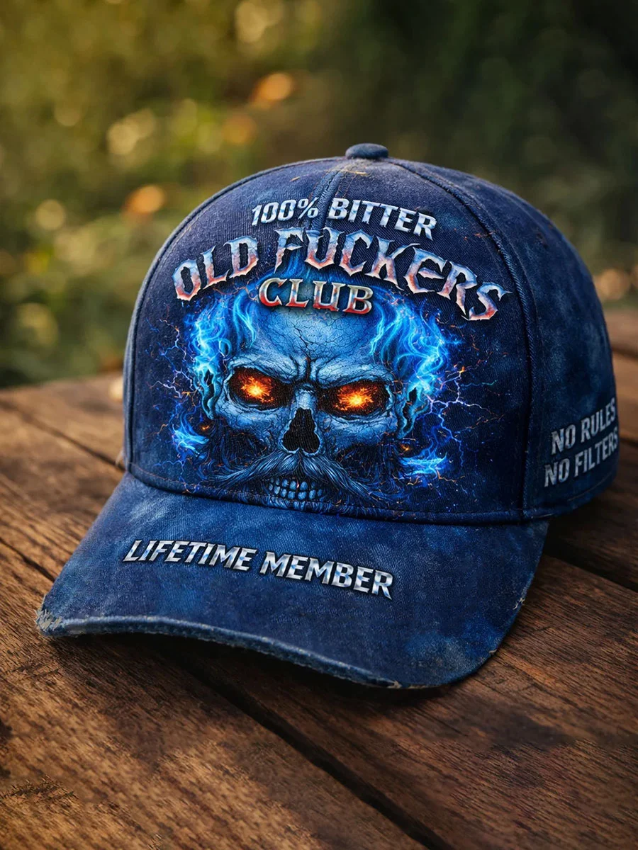 Old Fckers Club Flaming Skull Printed Casual Unisex Cap, Lifetime Member Printed Hat, Classic Cap