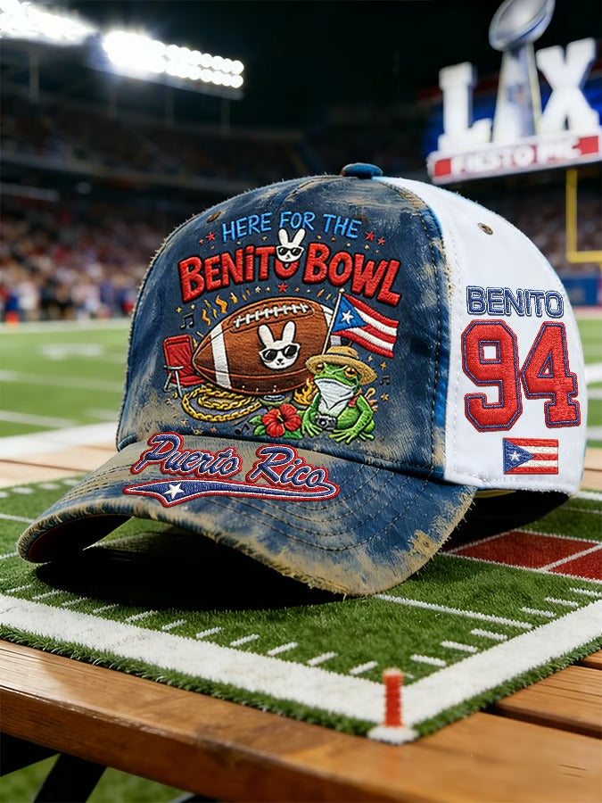 Fun Rabbit Music Lover White Baseball Cap, Bunny Bowl LX The Benito Bowl Printed Cap, Game Day Cap, Mens Dad Cap