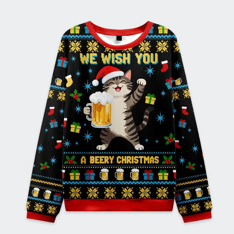 Cute Cat Drinking Beer Funny Ugly Sweater, Ugly Xmas Sweater, Christmas Ugly Sweatshirt