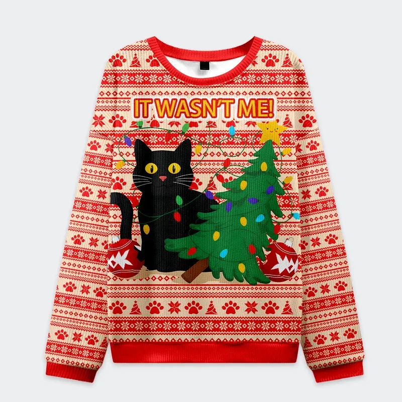 Black Cat Destroys Christmas Tree Funny Ugly Sweater, Ugly Xmas Sweater, Christmas Ugly Sweatshirt