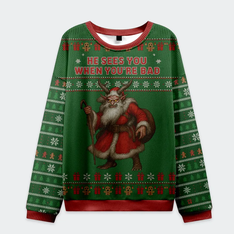 Vintage Krampus Sees You When You're Bad Funny Ugly Sweater, Ugly Xmas Sweater, Christmas Ugly Sweatshirt
