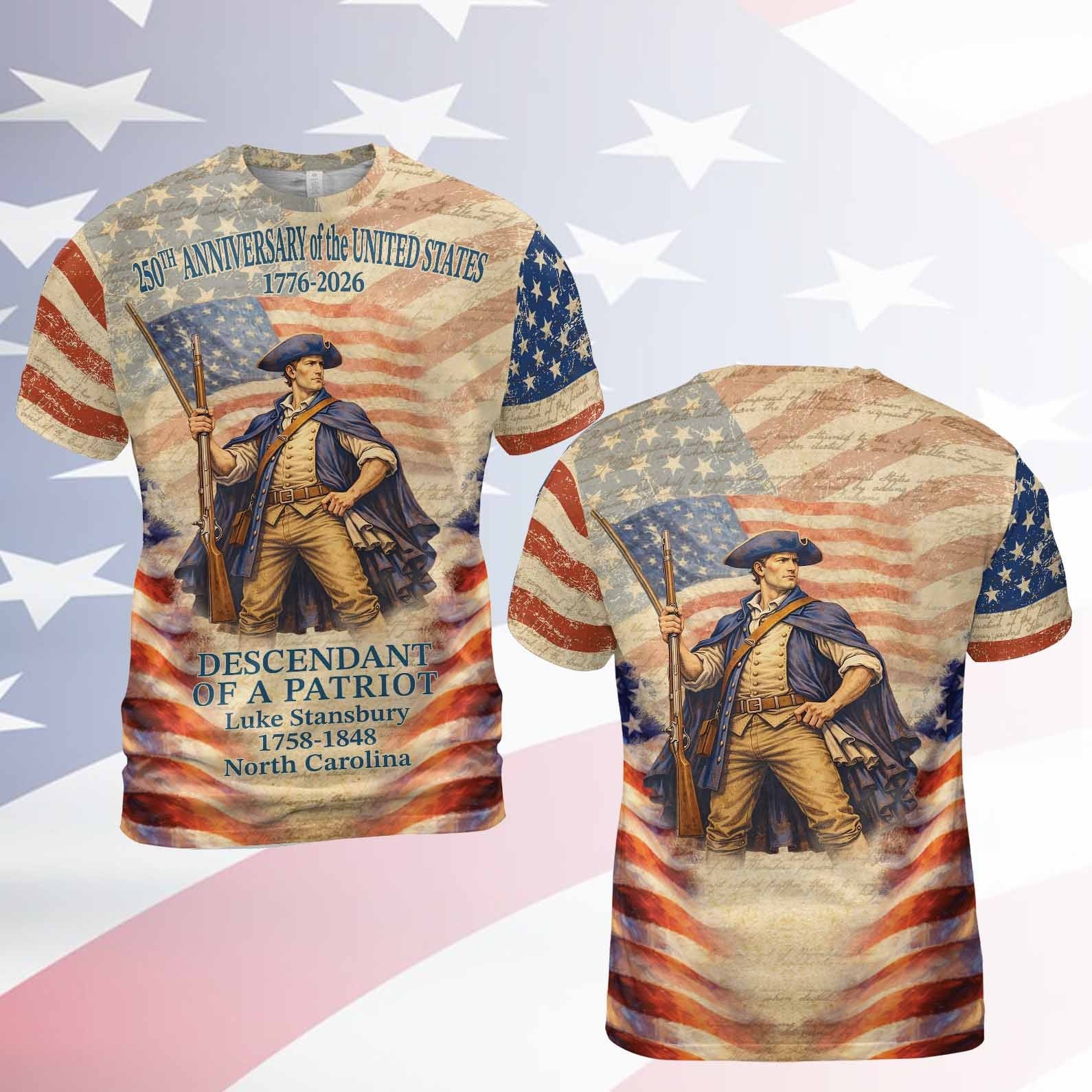 Personalized 250 Years of America AOP Shirt, Custom Name Descendant of a Patriot, Patriotic AOP Shirt 1776–2026
