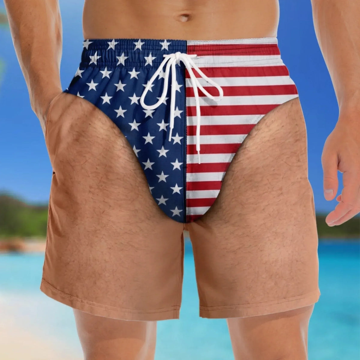Funny American Flag Bikini Illusion Shorts, Patriotic Mens Shorts, 4th Of July Outfit