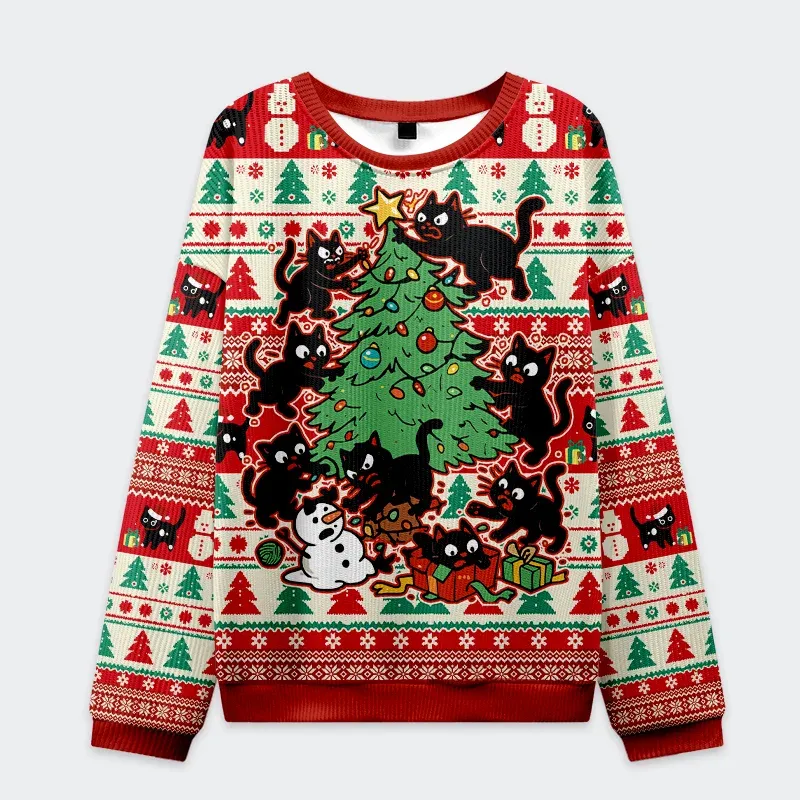 Black Cats Destroying Christmas Tree Funny Ugly Sweater, Ugly Xmas Sweater, Christmas Ugly Sweatshirt