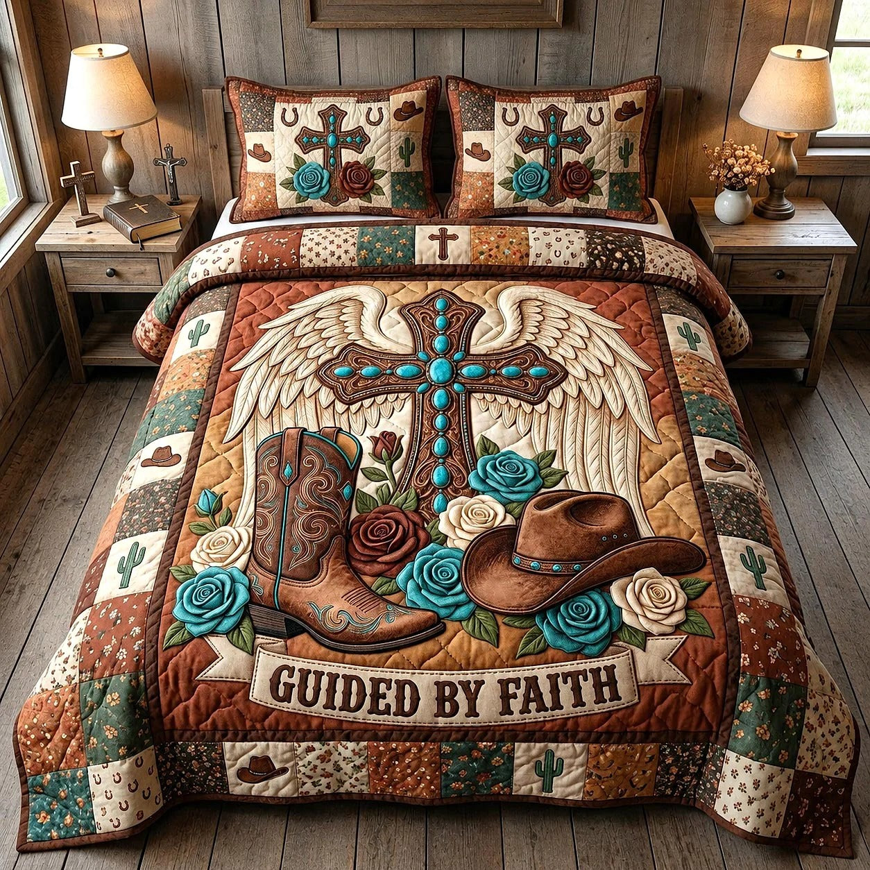 Western Grace 3-Piece Quilted Bedding Set, Fall Quilt Sets, Fall Decor Gift, Christian Gift