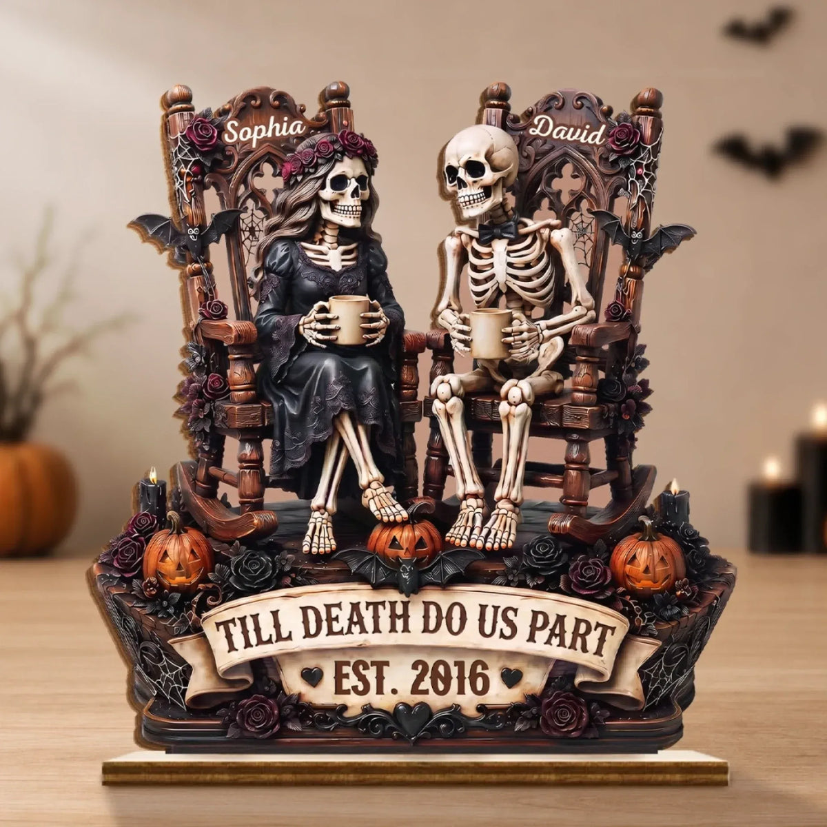 Custom Skeleton 2-Layered Wooden Plaque, Personalized Halloween Decor, Anniversary Wedding Gifts