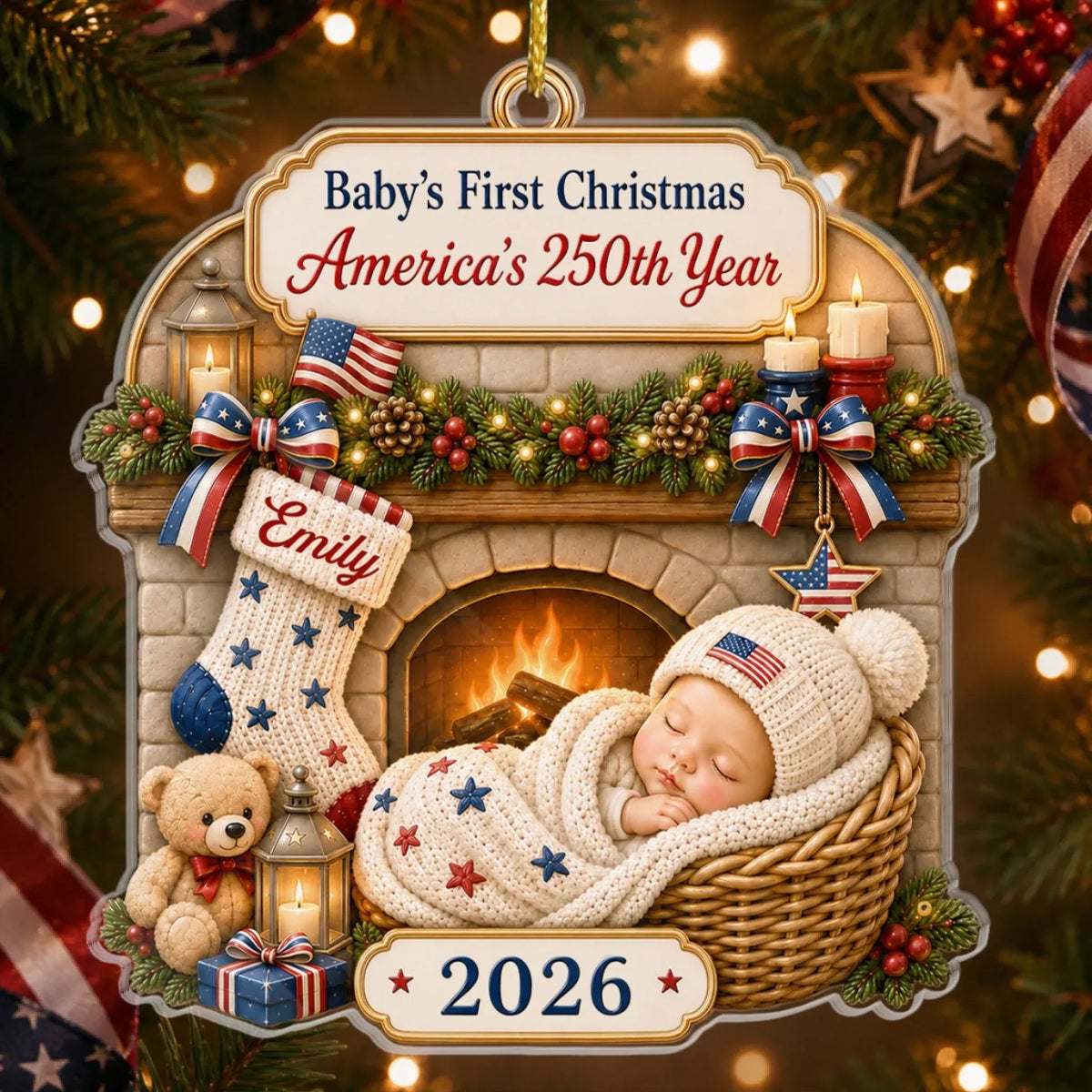 Baby's First Christmas Fireplace America 250th Ornament, Personalized Acrylic Ornament