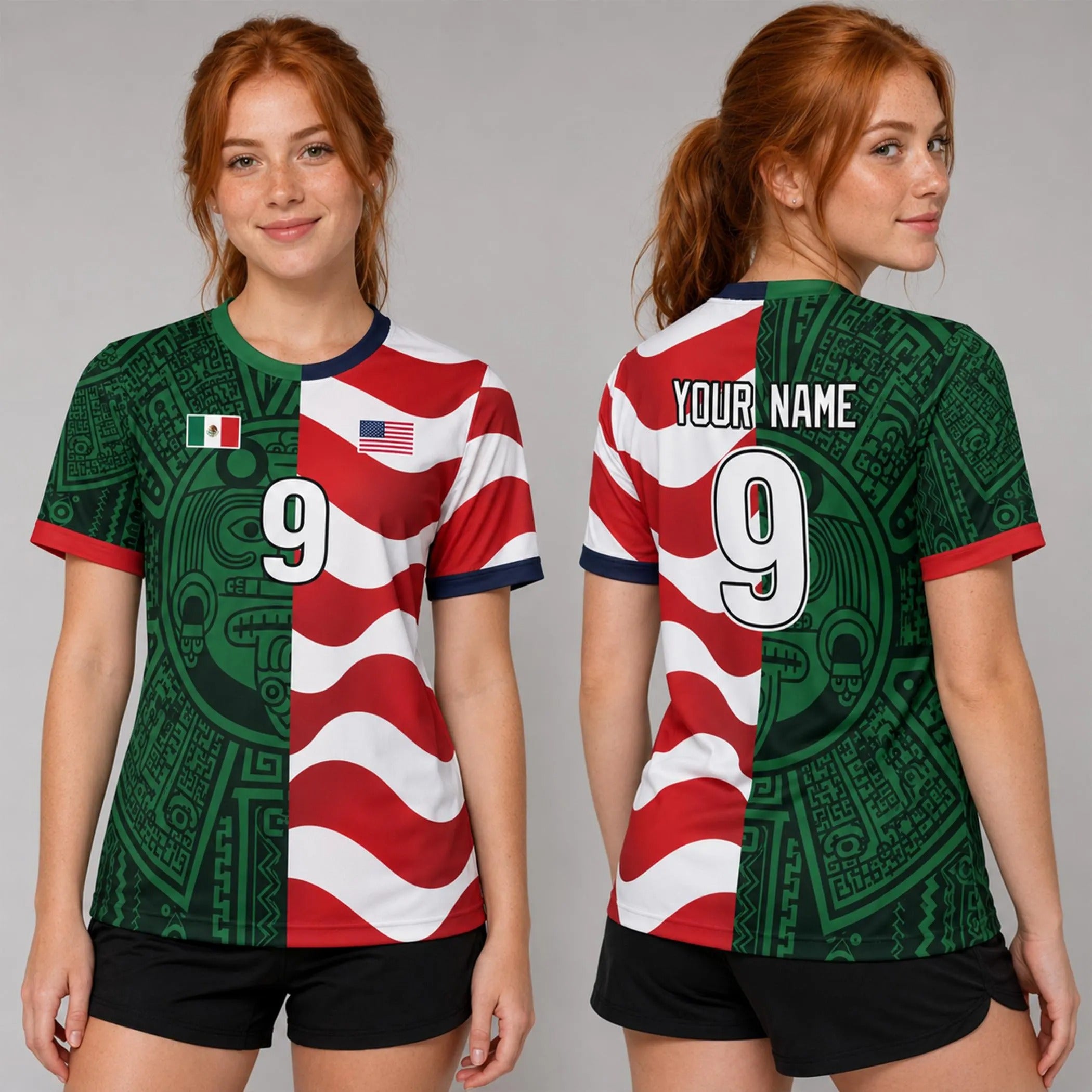 Personalized USA Mexico Split Flag T-Shirt, Custom Football Shirt, Soccer Fan Gift