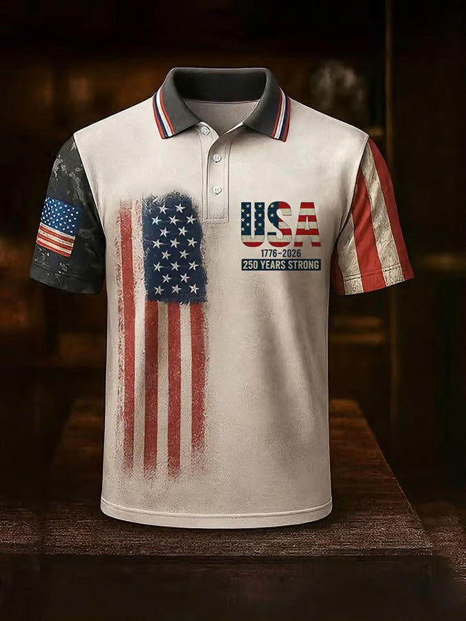 USA 1776-2026 250 Years Strong American Flag Pattern Distressed Retro Polo Shirts, 4th Of July Polo