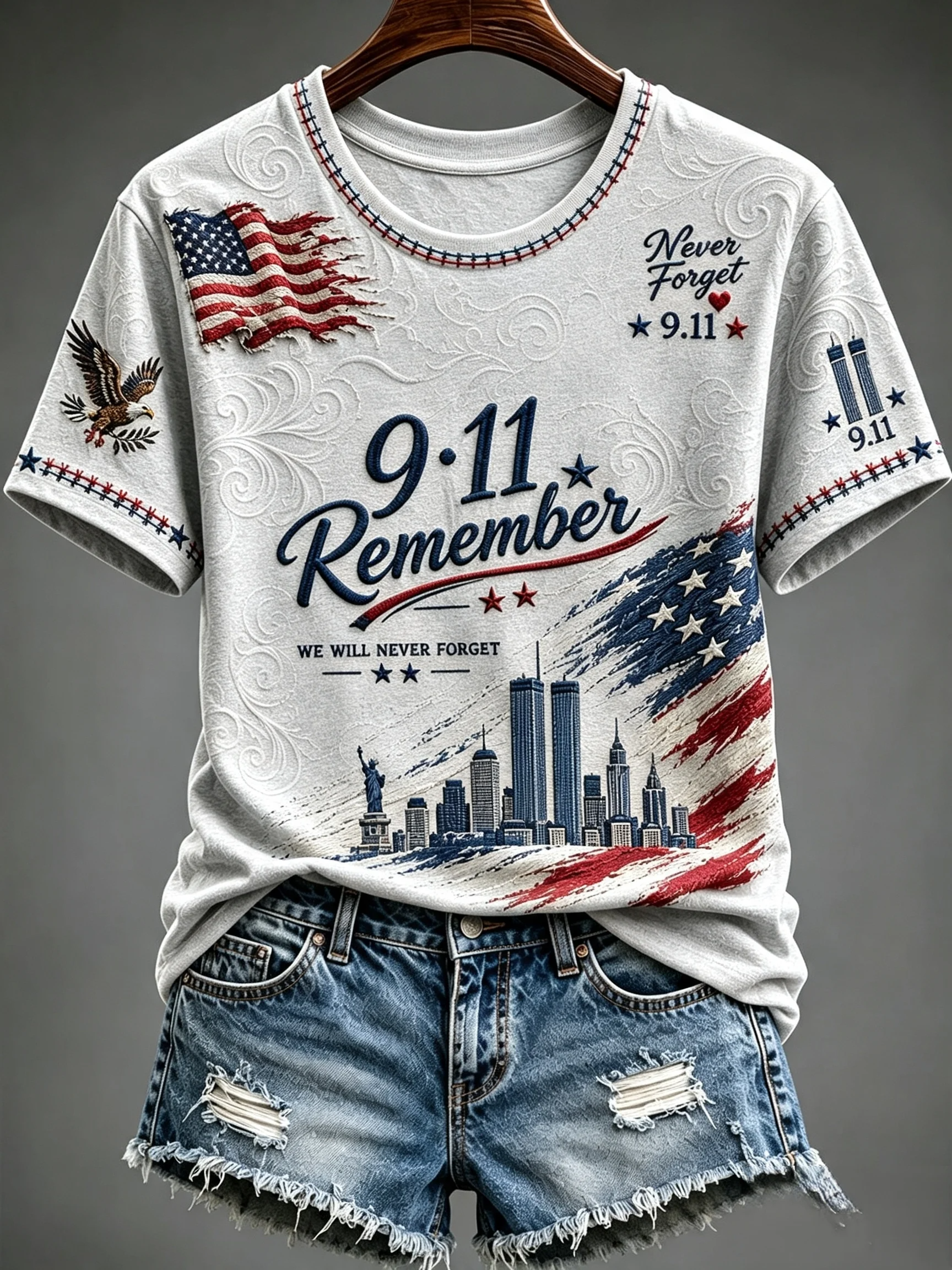 Never Forget September 11 Eagle Skyline Shirt, Women's Graphic Tee, Patriotic Shirt
