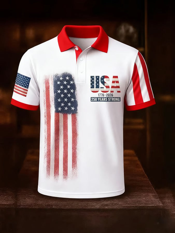 USA 1776-2026 250 Years Strong American Flag Pattern White Retro Polo Shirts, 4th Of July Polo