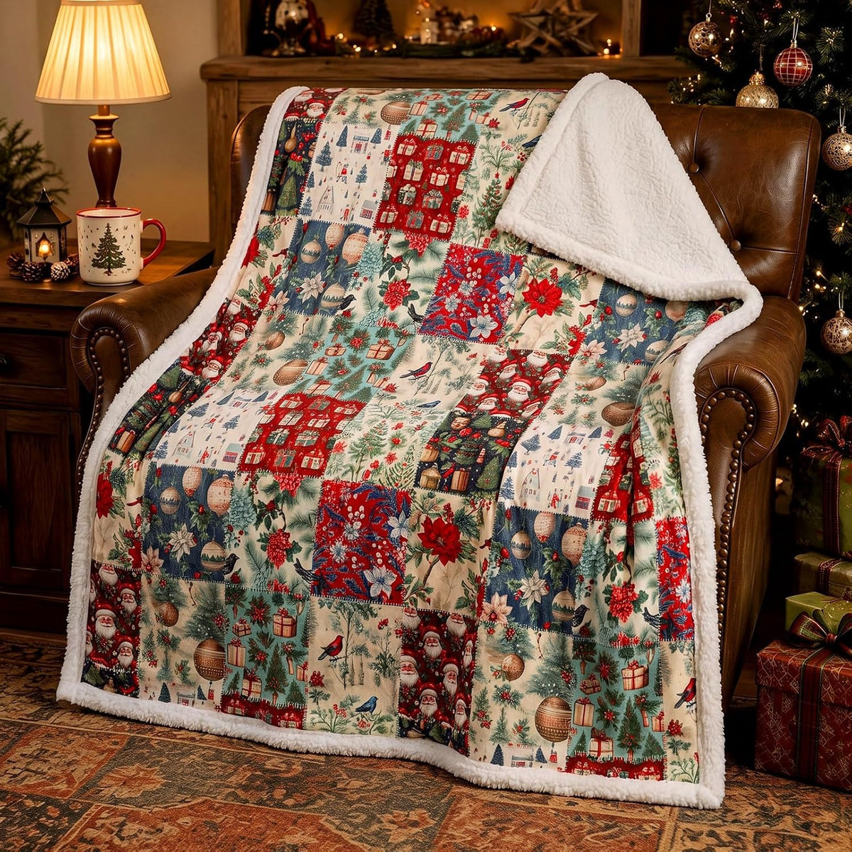 Santa Christmas Patchwork Quilt Blanket, Christmas Home Decor, Holiday Gift For Her