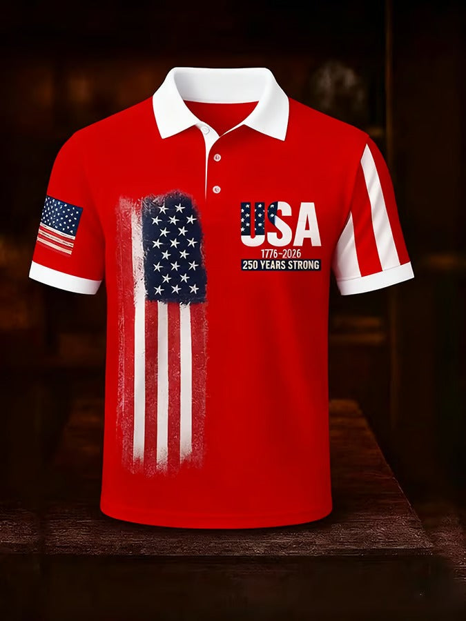 USA 1776-2026 250 Years Strong American Flag Pattern Red Retro Polo Shirts, 4th Of July Polo