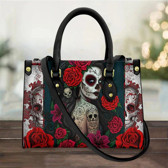 Skull And Roses Gothic Vibe Shoulder Handbag, Purse And Wallet Set