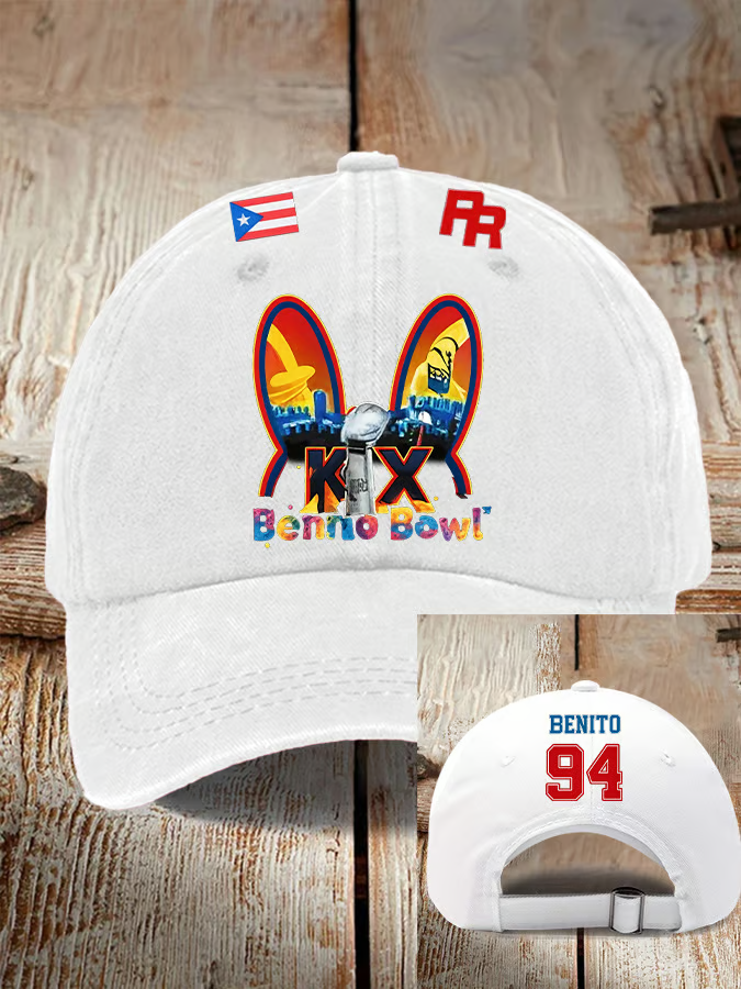 Benito Bowl LX Half Time Show White Hat, Puerto Rican & American Streetwear, Baseball Hat Cap