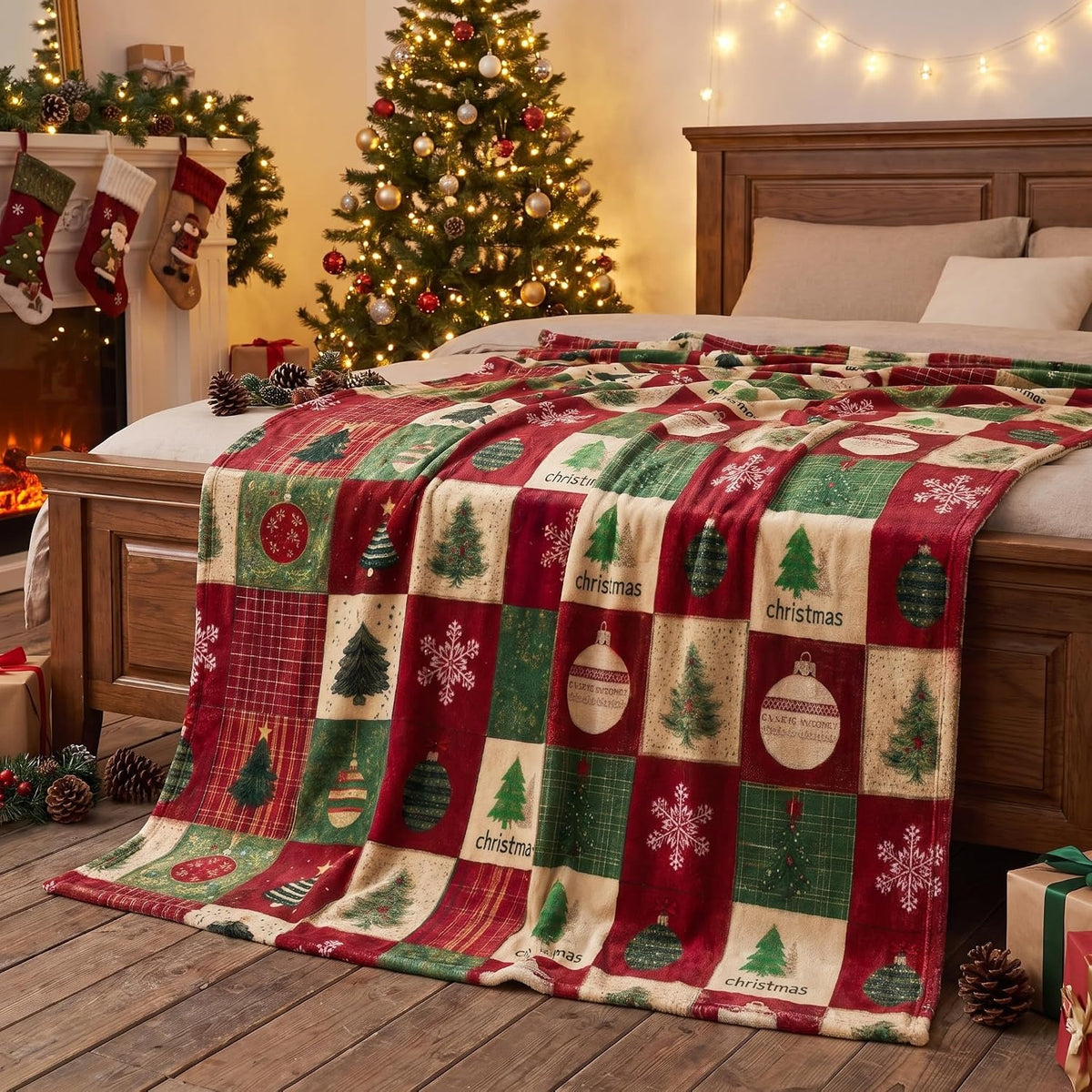Christmas Tree Patchwork Quilt Blanket, Christmas Home Decor, Holiday Gift For Mom
