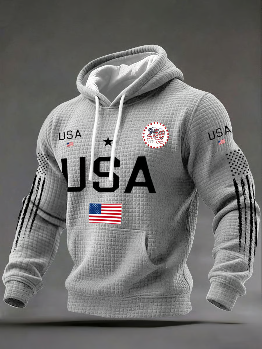 USA 250th Anniversary Hoodie, Independence Day Apparel, Gray Hooded Jumper 4th Of July Gift