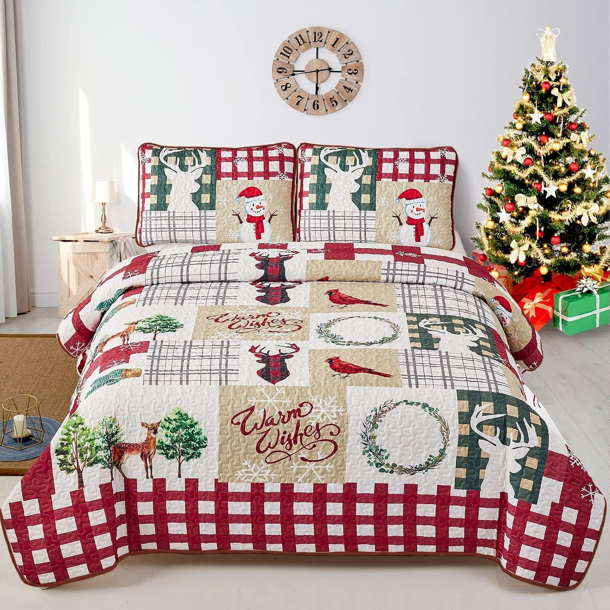 Warm Wishes Christmas Quilted Bedding Set, Christmas Bedding, Holiday Gift For Mom