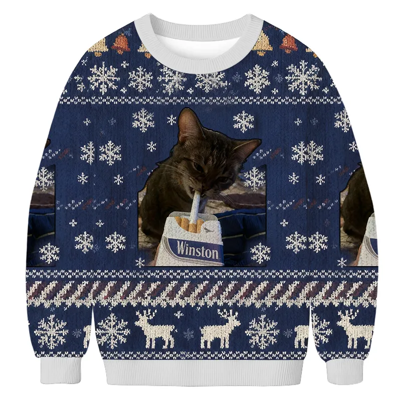 Funny Cat Smoking Blue Ugly Sweater, Funny Christmas Ugly Sweatshirt, Gift Ideas For Cat Lovers