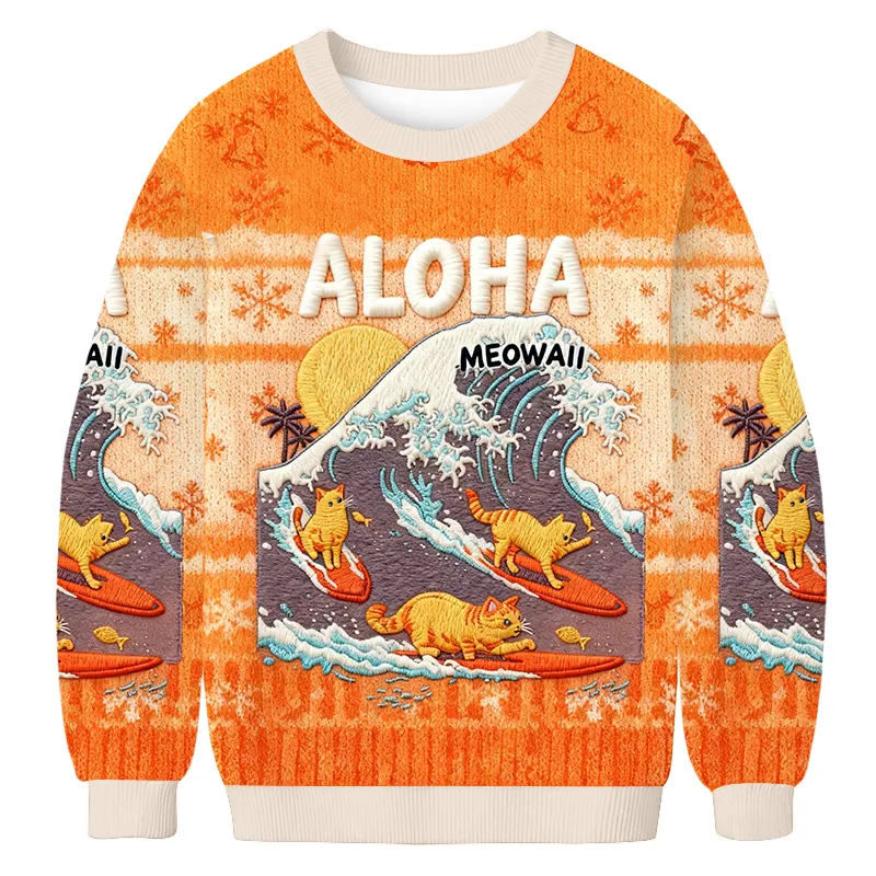 Aloha Meowaii Free Surfing Cat Ugly Sweater, Funny Christmas Ugly Sweatshirt, Gift Ideas For Cat Lovers