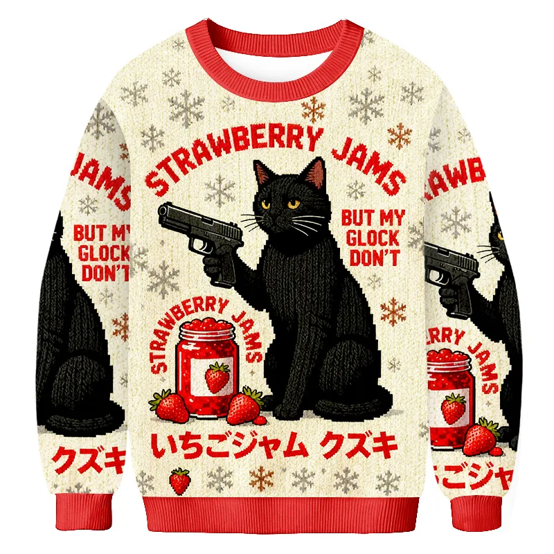 Strawberry Jams But My Glock Don't Black Cat Ugly Sweater, Christmas Ugly Sweatshirt, Xmas Ugly Sweater