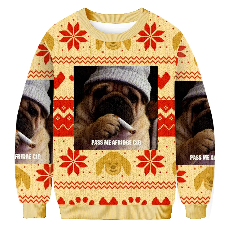 Pass Me A Fridge Cig Pug Dog Smoking Ugly Sweater, Funny Christmas Ugly Sweatshirt, Xmas Ugly Sweater, Dog Lover Gift