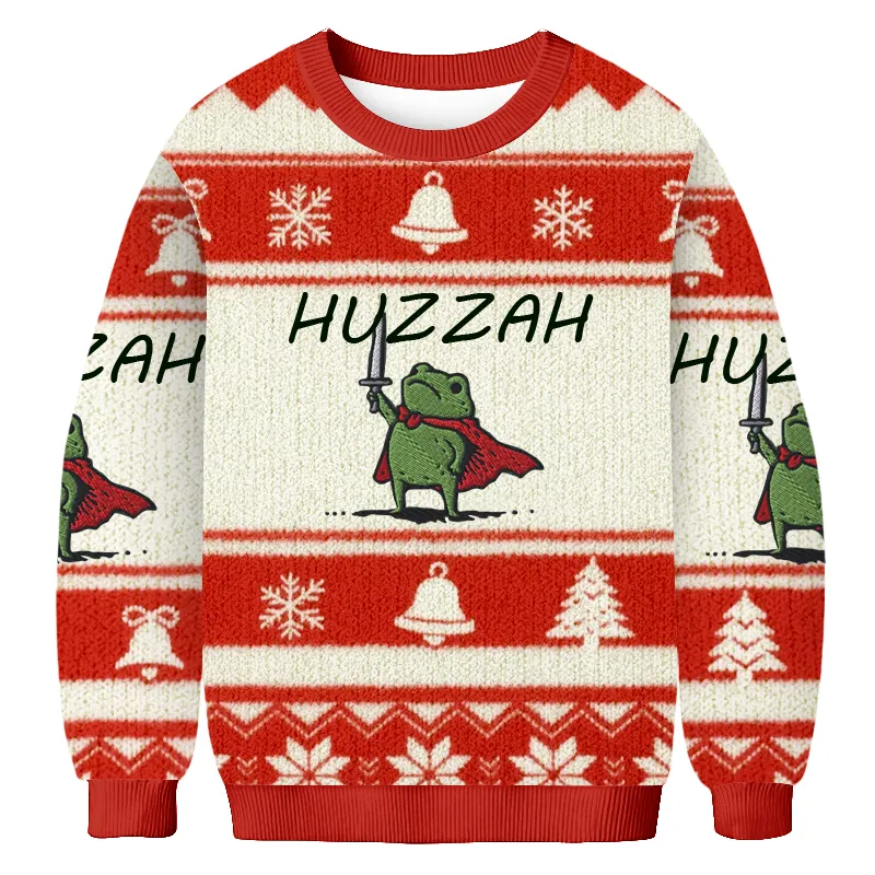 HUZZAH Frog Knight Meme Ugly Sweater, Funny Christmas Ugly Sweatshirt, Xmas Ugly Sweater