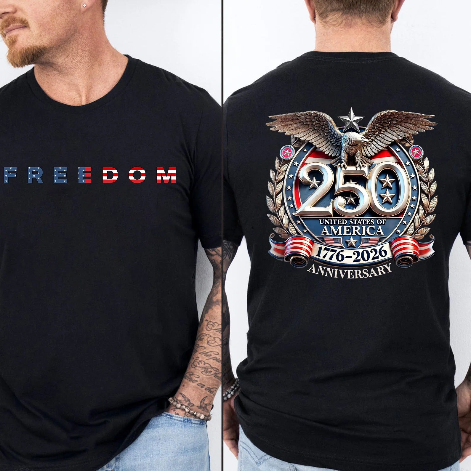 Freedom 250 Years Anniversary Dark Shirt, Patriotic 4th of July 1776–2026 Eagle US Flag Front & Back Shirt