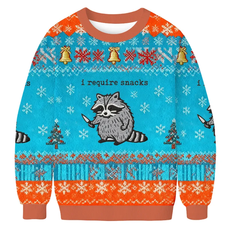 I Require Snacks Funny Raccoon Christmas Sweater, Ugly Xmas Sweater, Christmas Ugly Sweatshirt