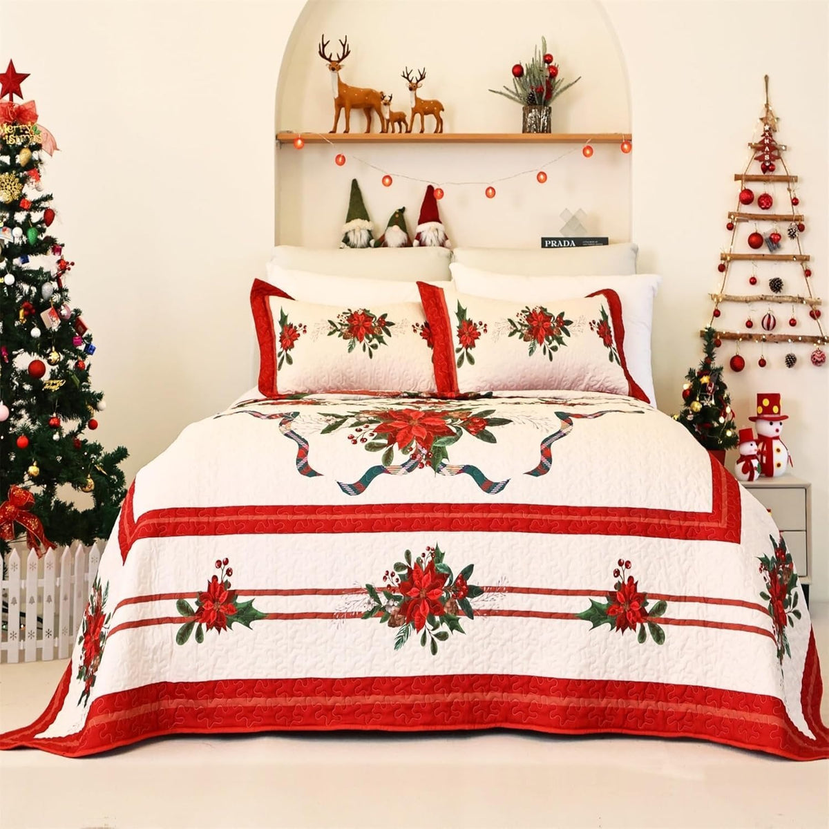 Poinsettia Christmas Quilted Bedding Set, Holiday Bedding, Christmas Gift For Mom