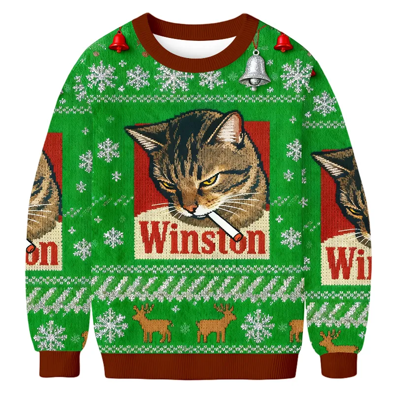 Winston Smoking Cat Ugly Sweater, Funny Christmas Ugly Sweatshirt, Xmas Ugly Sweater