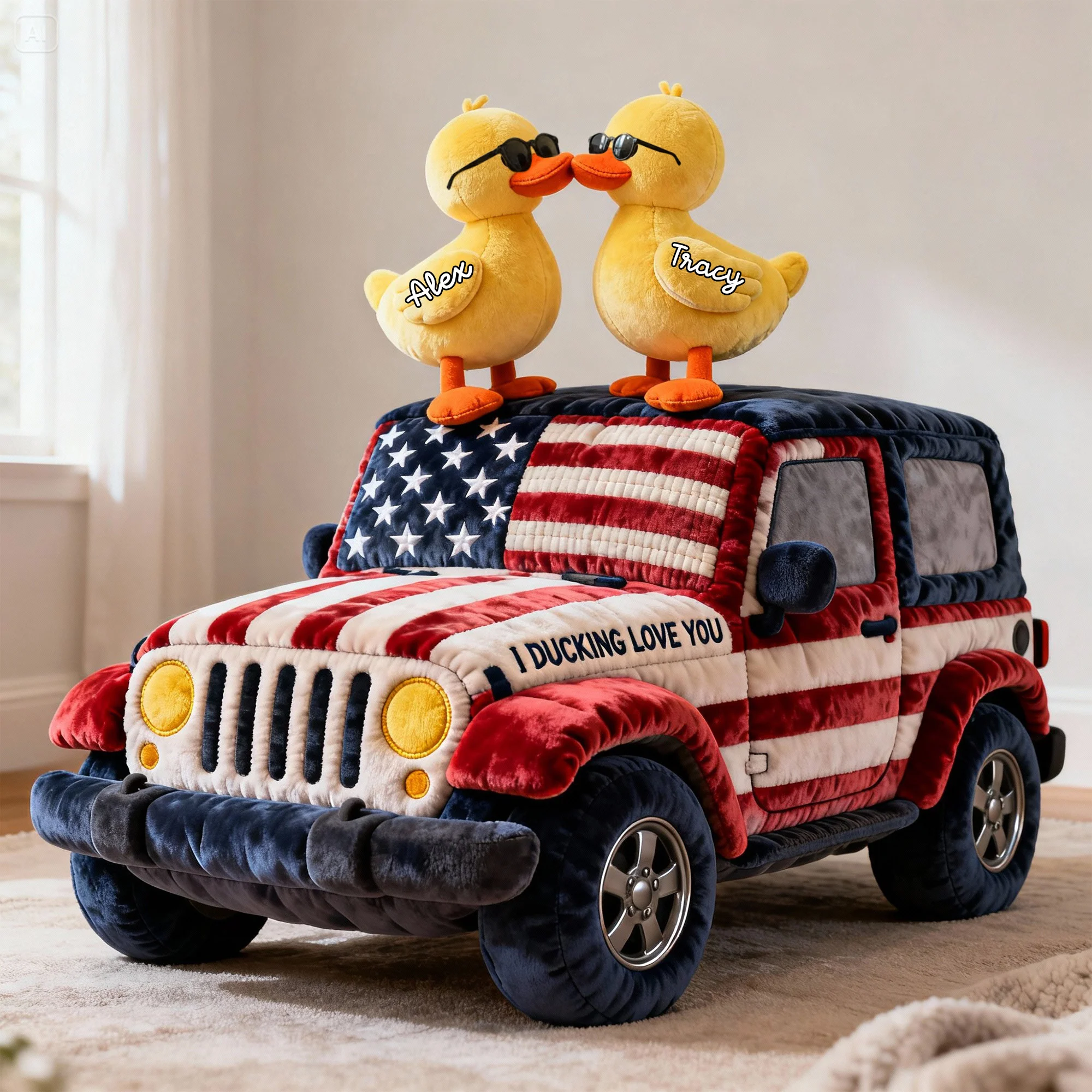 Duck Couple I Ducking Love You American Flag Car Custom Shaped Pillow, Couple Valentine Gift