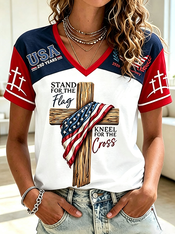 Stand For The Flag Kneel For The Cross Christian V-neck Shirt, USA 250th Anniversary T-Shirt, Independence Day 2026 Gift