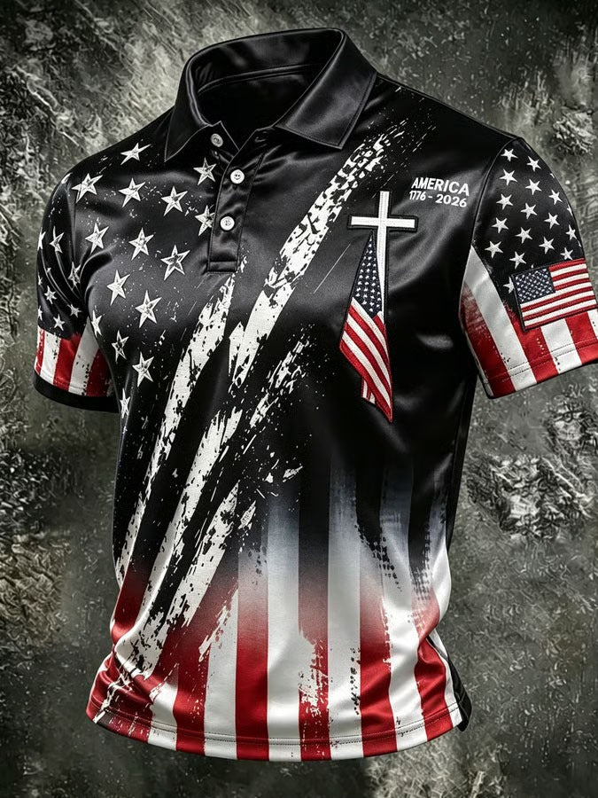 Distressed Flag Cross Polo Shirt for Men, USA 250th Anniversary Polo, Independence Day Shirt