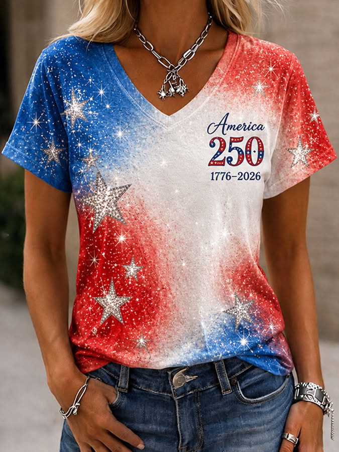 4th of July Patriotic Sparkle V-neck Shirt, USA 250th Anniversary T-Shirt, Independence Day 2026 Gift