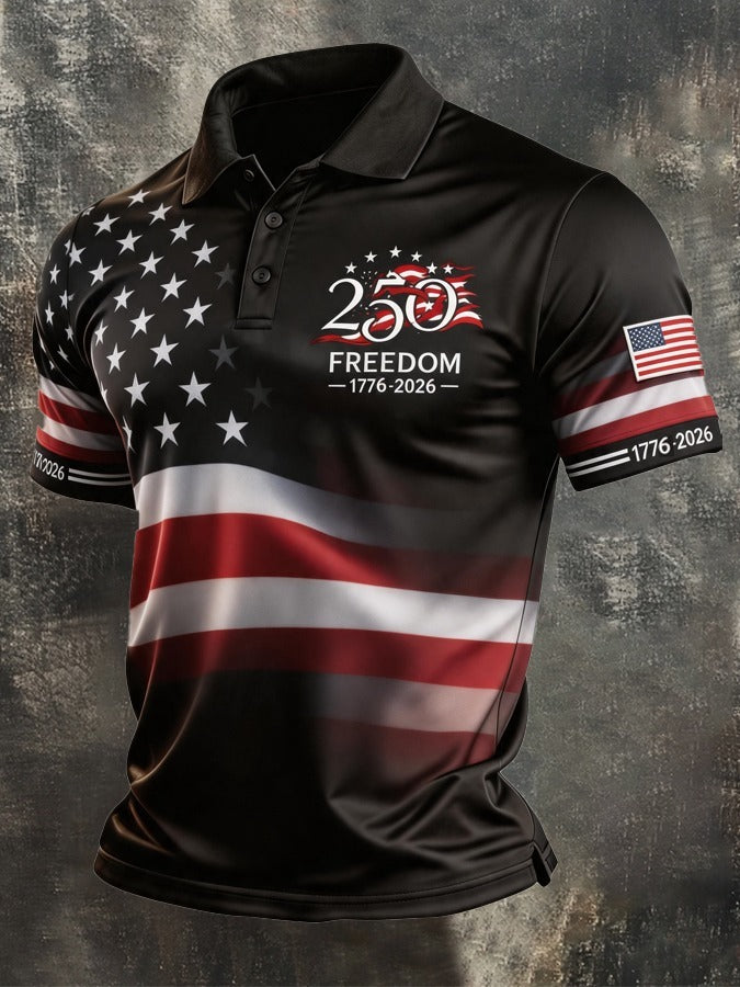 Distressed American Flag Polo Shirt, Freedom 1776-2026 Patriotic Design, USA 250th Anniversary Shirt