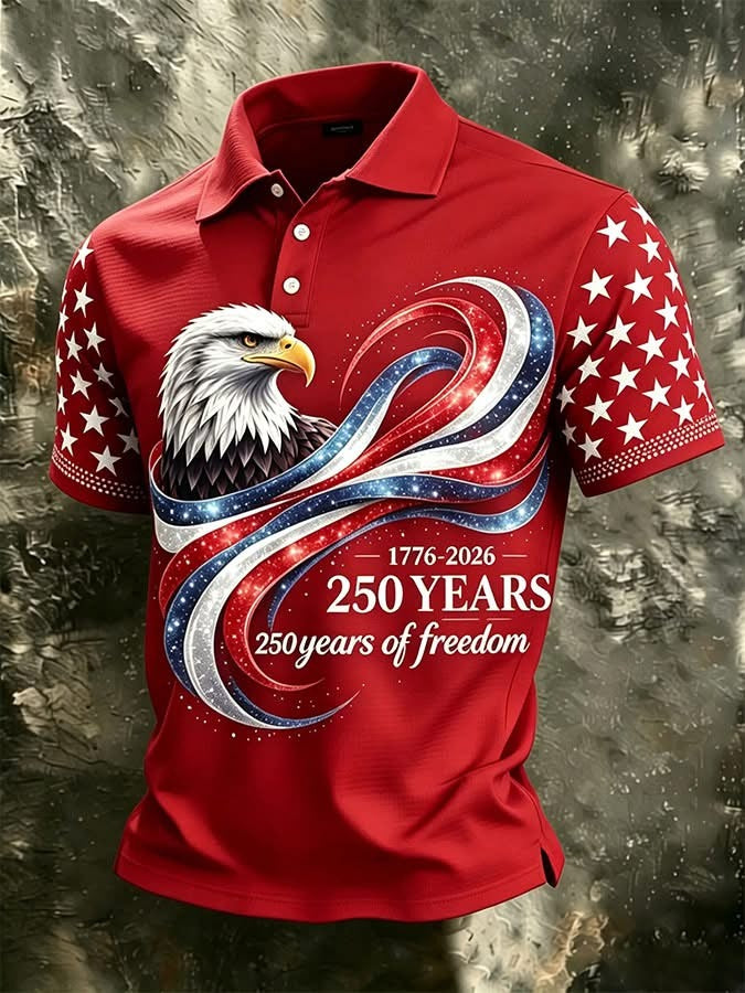 American Eagle Freedom Polo Shirt, Patriotic Flag Ribbon Artwork, America 250 Years Shirt