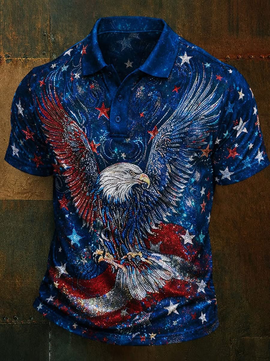Freedom Eagle Polo Shirt, Glitter Flag Patriotic Artwork, 250 Years Polo Shirt, Independence Day Shirt