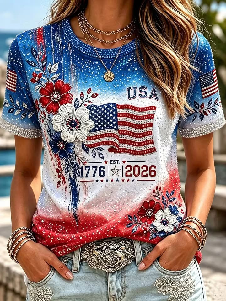 Patriotic Floral Flag Shirt for Women, USA 250th Anniversary Tee, Independence Day Shirt
