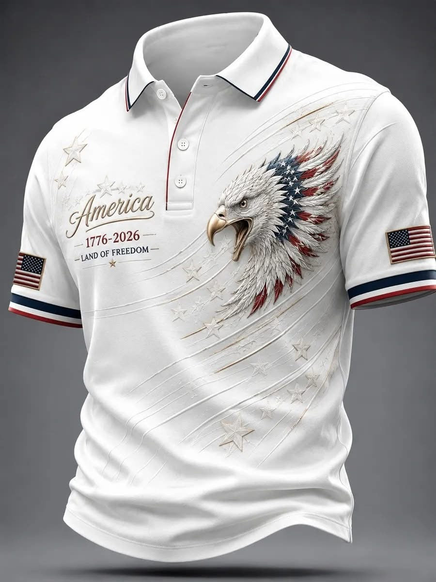 White Eagle Flag Polo Shirt for Men, USA 250th Anniversary, Independence Day Shirt