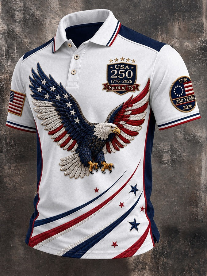 Patriotic Eagle Polo Shirt, Spirit Of 76 America 250 Design, USA 250th Anniversary Shirt