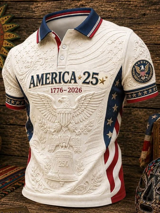 Embossed Eagle Patriotic Polo Shirt, America 250 Years Freedom Design, Polo Shirt For Men