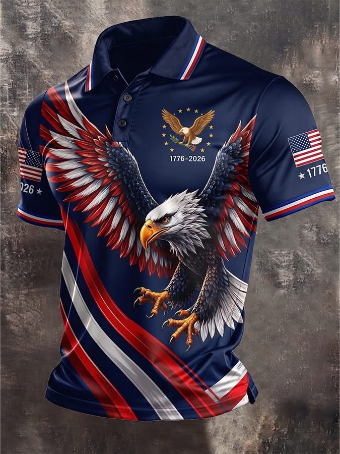 American Eagle Freedom Polo Shirt, Patriotic Red White Blue Wings Design, USA 250th Anniversary Shirt
