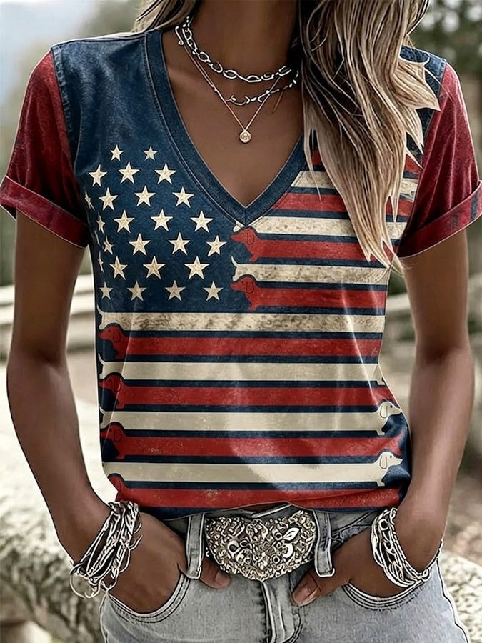 Vintage Dachshund Patriotic Shirt for Women, American Flag Shirt, Independence Day Shirt