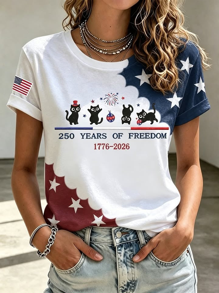 Cute Black Cat USA 250 Shirt for Women, Patriotic Cat Lover Shirt, 4th Of July Tee